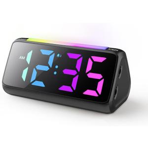 Netzu Super Loud Alarm Clocks for Heavy Sleepers, Digital Alarm Clocks for Bedrooms with RGB Night Light, Rainbow Time, Dual Alarm, Snooze, Plug-in (Black)