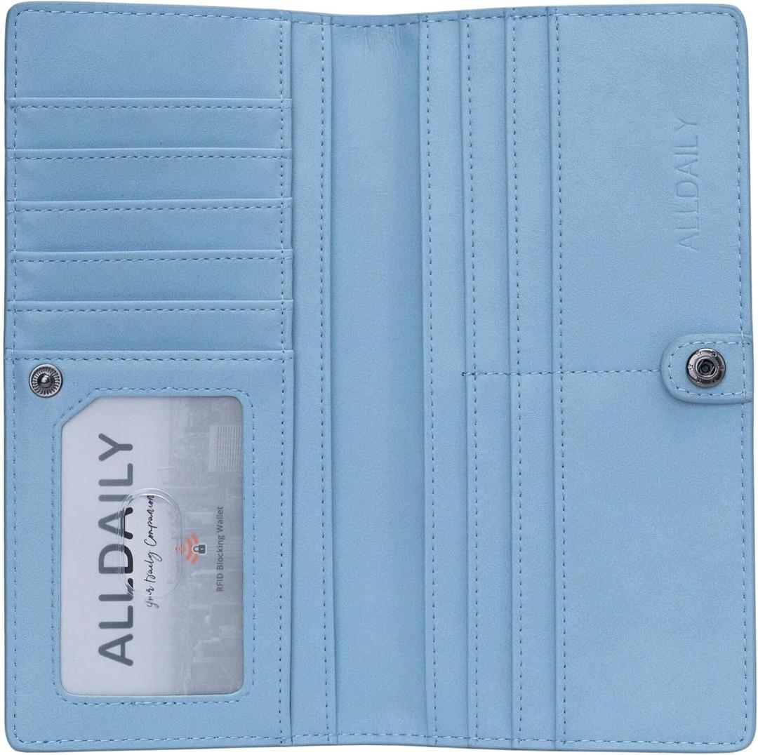 Alldaily Ultra Slim Thin Women Wallet RFID Blocking Credit Card Holder Bifold Long Ladies Billfold (Light Blue)