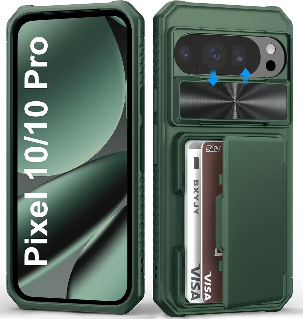 for Google Pixel 10 & 10 Pro Case Wallet with Card Holder (4-5 Cards), Slide Camera Lens Cover, Military Grade Protection, Heavy Duty Men Women Durable Phone Case for Pixel 10 & 10 Pro, Green