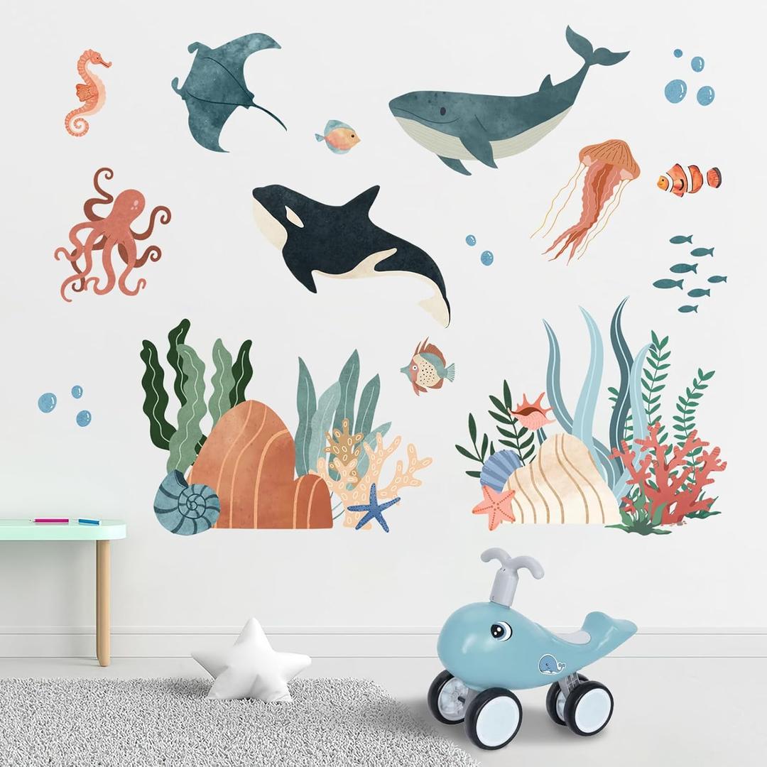 Yovkky Under The Sea Ocean Creature Wall Decals Stickers, Coastal Whale Shark Stingray Octopus Jellyfish Seahorse Baby Nursery Decor, Beach Coral Seaweed Home Decorations Kids Bedroom Playroom Art