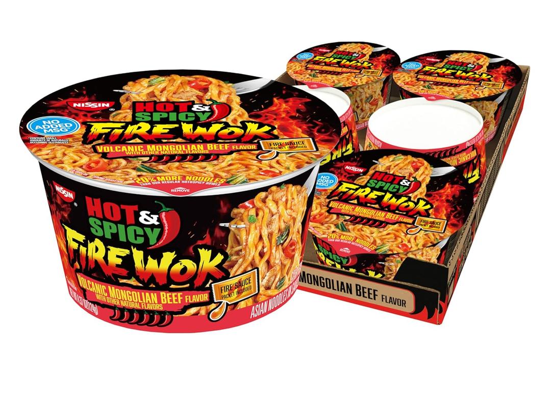 Nissin Hot & Spicy Fire Wok, Volcanic Mongolian Beef, 4.37 Ounce (Pack of 6, Best By 08 01 2026 