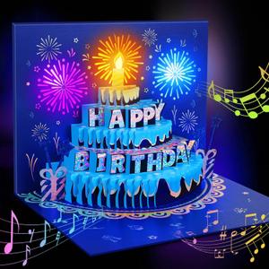 Pop Up Birthday Cards - LED Lights & Musical Fireworks Cake with 3D, Glitter Happy Birthday Greeting Gifts for Women, Girls, Men, Boys (Blue)