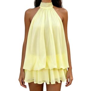 Womens Trendy Halter Mini Dress Chiffon Ruffle Low Back Flowy Going Out Dress for Summer Cocktail Birthday Party (Yellow, S)