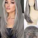 Straight 13x4 HD Lace Front Wig for Women, 26inch Heat Resistant Synthetic Hair Glueless Pre Plucked Straight Human Hair-Like Layered Wig with Realistic Scalp (Silver Gray Color)