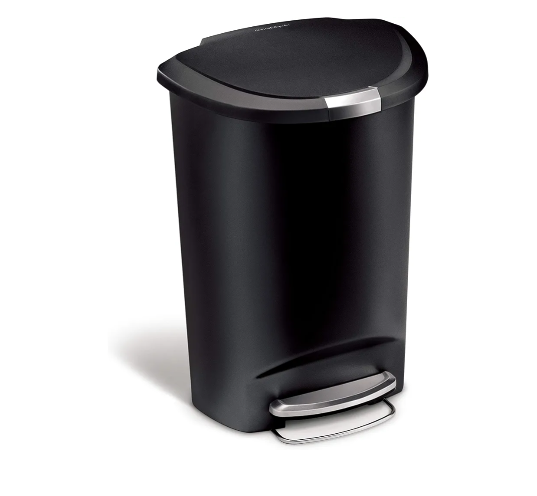 simplehuman 50 Liter / 13 Gallon Semi-Round Kitchen Step Trash Can with Secure Slide Lock, Black Plastic