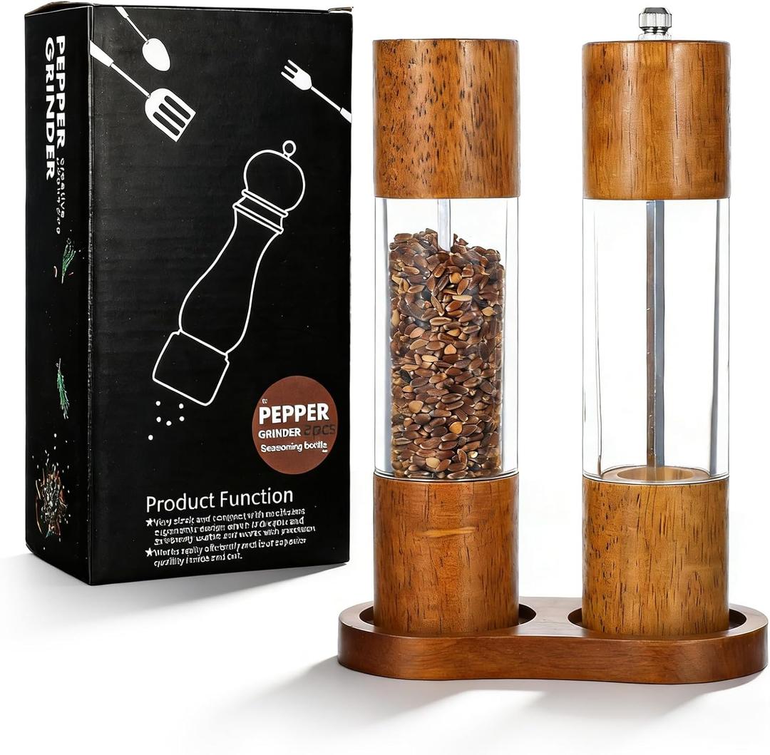 Wooden Salt and Pepper Grinder Set, 8 inch Manual Refillable Wooden Salt and Pepper Shakers Mill with Tray, Adjustable Coarseness, Solid Wood with Ceramic Stainless Steel Core, Transparent - 2 Packs