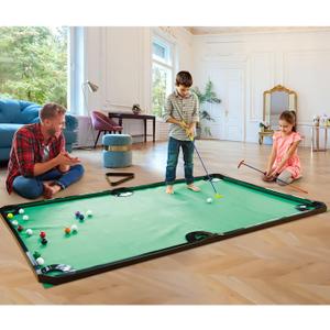 GOODLYSPORTS Golf Game -Combining Mini Pool Table & Golf - Worlds Largest Putting Green IndoorPutting Mat 108.2" L x 57.4" WGolf Pool Indoor Family Game
