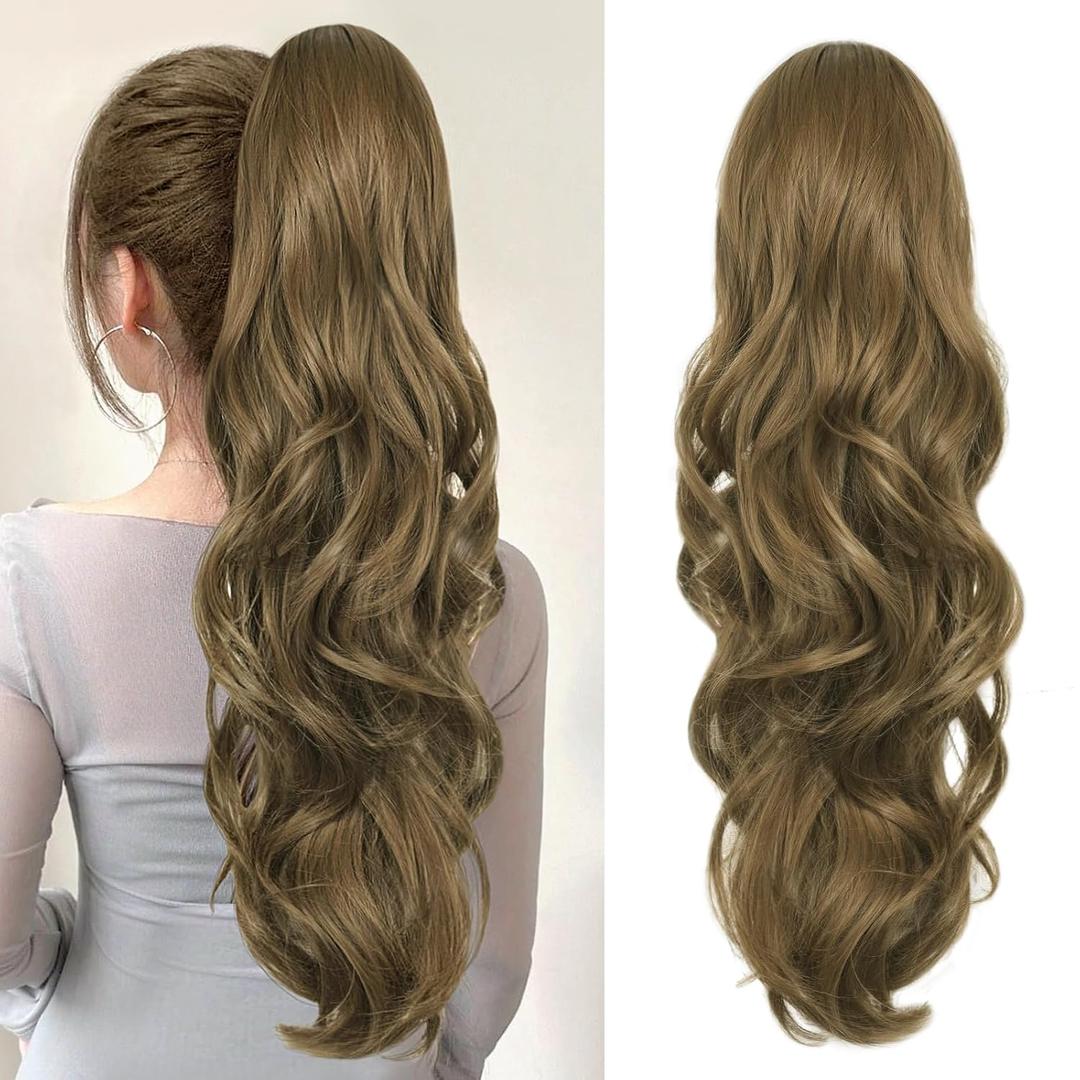 Ponytail Extension, Drawstring Ponytail Extension for Women 26 Inch Long Wavy Brown Pony Tails Hair Extensions Synthetic Clip in Ponytail Hairpiece for Women(12/8)