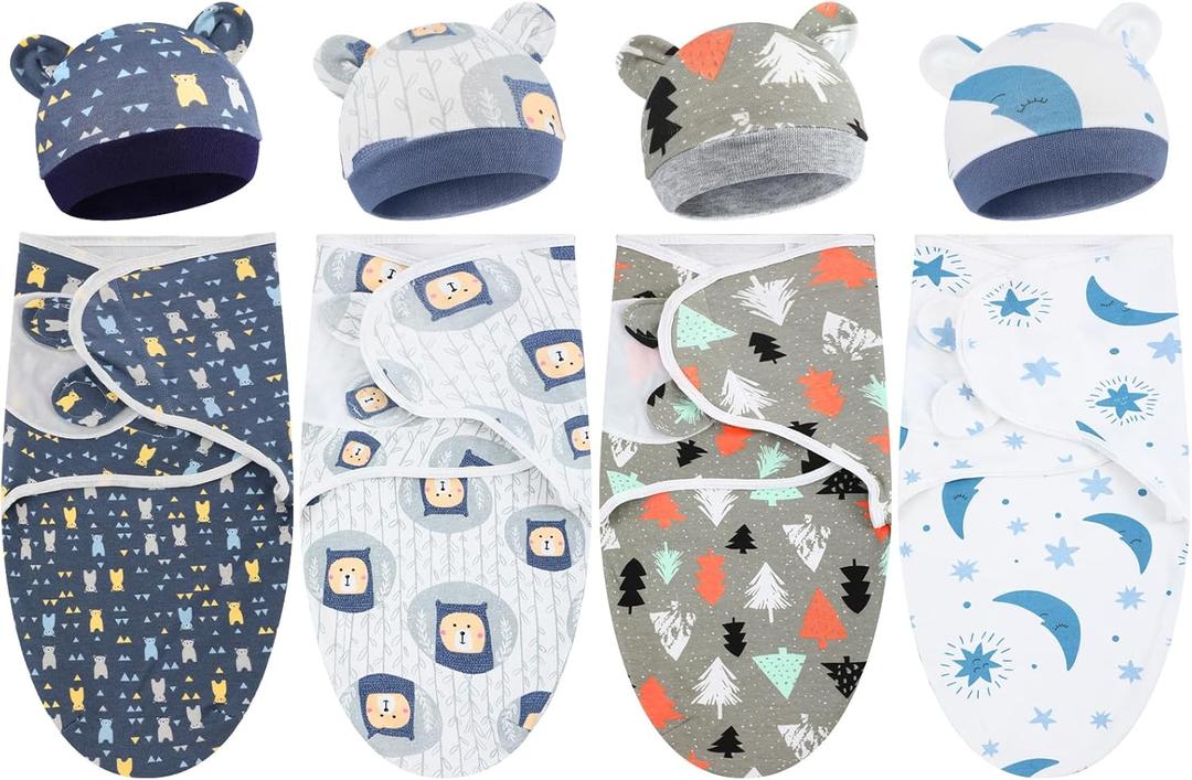 Buryeah 4 Pack Preemie Swaddle Blanket Wrap Set with Hat for Baby Boys Girls 3-7 Lbs Preemie Newborn Clothes Sleepers Cap (Dark Blue, Bear)