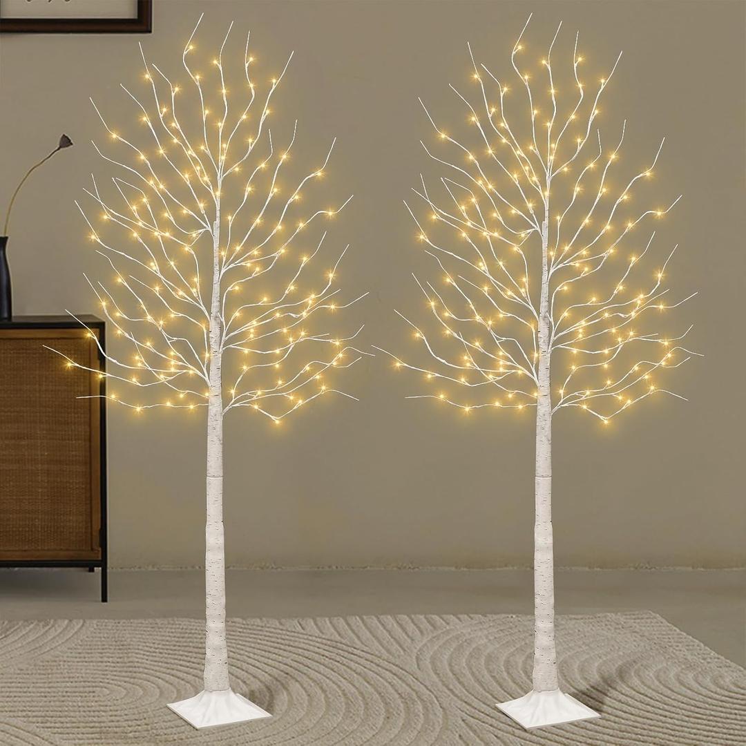Set of 2 6 feet Lighted Birch Tree, 160 LED Warm White, for Home, Festival, Party, and Christmas Decoration, Indoor and Outdoor Use, 8 Functions