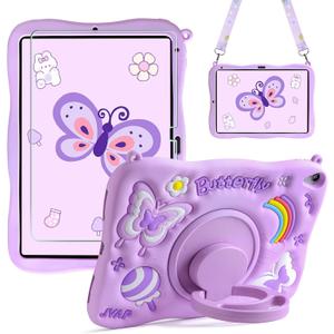 For iPad 10th/11th Generation Case for Kids Girls iPad A16 Case with Screen Protector Shoulder Strap Kickstand Cute Butterfly Silicone Shockproof Cover for iPad 10th Gen 10.9'' / 11th Gen 11''