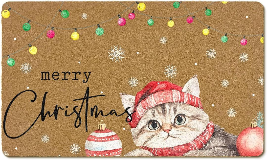 Merry Christmas Cat Coir Door Mats Outdoor, Winter Xmas Cat Welcome Front Door Mat Outside Entrance, Christmas Doormat Outdoor Indoor Entrance for Home Entryway Decor, Cats Gifts 17x30in