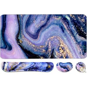 4-in-1 Large Gaming Mouse Pad, Keyboard Wrist Rest Pad & Wrist Support Mousepad Set, Extended Desk Pad Waterproof Desk Mat for Home Office Study Game - Purple Marble