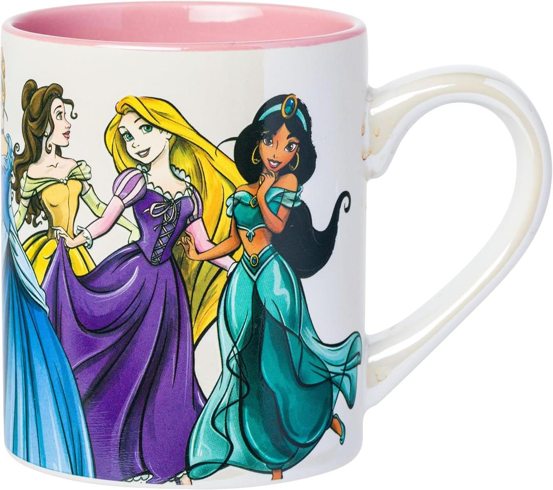 Silver Buffalo Disney Princesses Featuring Jasmine, Rapunzel, Belle, Cinderella, Ariel, Aurora, Snow White, and Tiana Pretty Pearlescent Ceramic Mug, 14 Ounces
