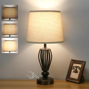 USB Bedside Lamp, 3-Way Dimmable Touch Table Lamp with USB C+A Charging Ports Industrial Table Lamp Black Metal Base Farmhouse Reading Lamp for Bedroom, Living Room, Office or Study LED Bulb Included