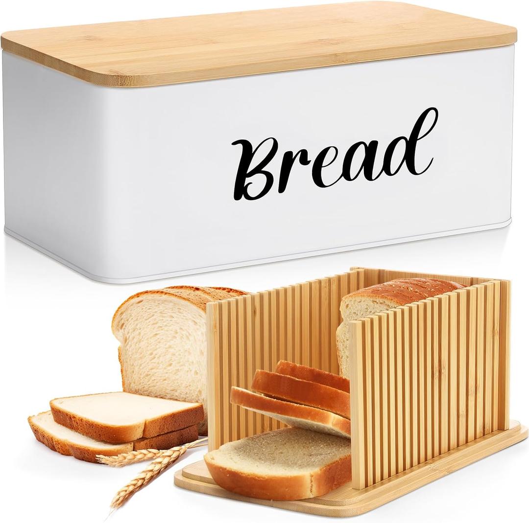 Bread Box with Bread Slicer Storage Container for Kitchen Countertop Food Storage with Multifunction Bamboo Lid, 3 in 1 Breadbox Removable Cut Board for Loaf Slicing (White,Wood, Metal,Bamboo)