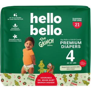 Hello Bello Diapers, Size 4 (22-37 lbs) Dr. Seuss Baby Grinch - 21 Count of Premium Disposable Baby Diapers, Hypoallergenic with Soft, Cloth-Like Feel