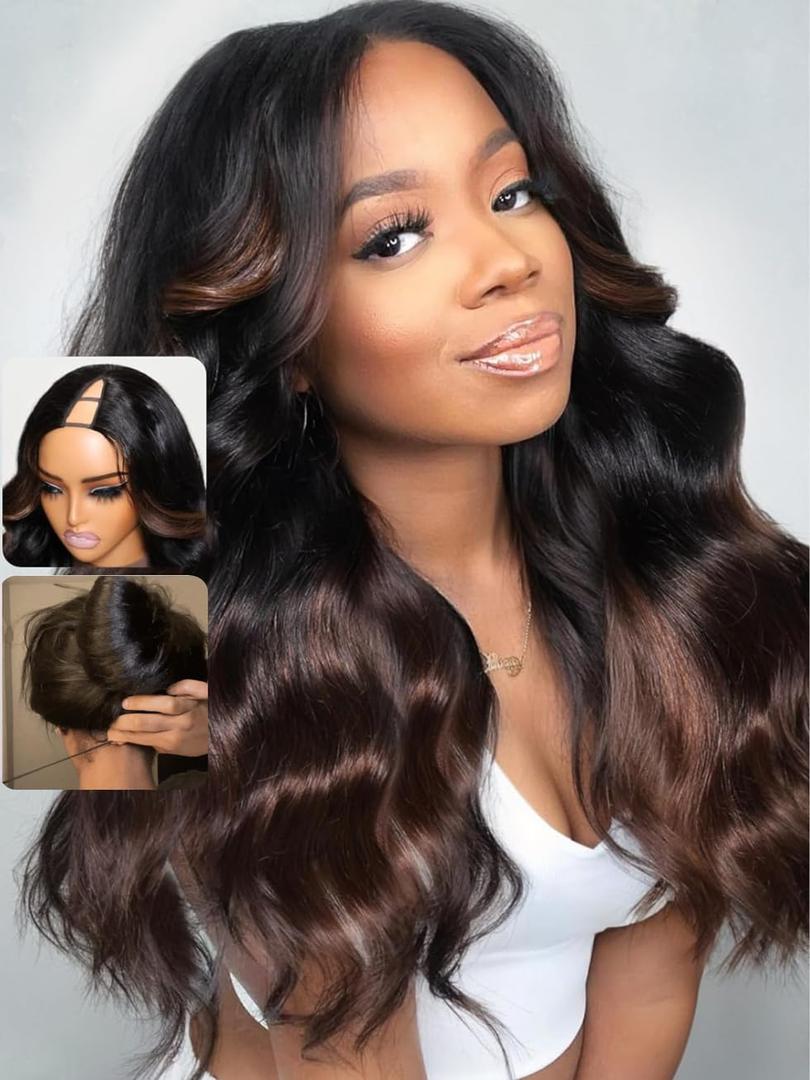 UNICE Chestnut Brown Ombre EasiContour V Part Wig Human Hair Body Wave Upgrade Glueless U Part Human Hair Wig No Leave Out Beginner Friendly Clip in Vpart Wig 150% Density 20 Inch