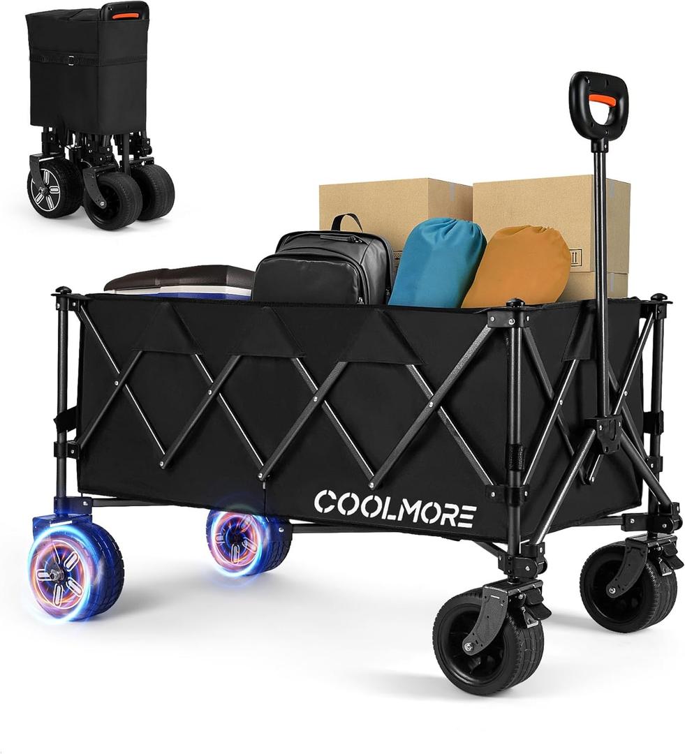 Electric Collapsible Utility Wagons 330lbs Capacity, Carts Foldable with Wheels Brakes Portable for Beach Garden Outdoor Sports Lounge Heavy Duty Shopping Camping Picnic (Black)