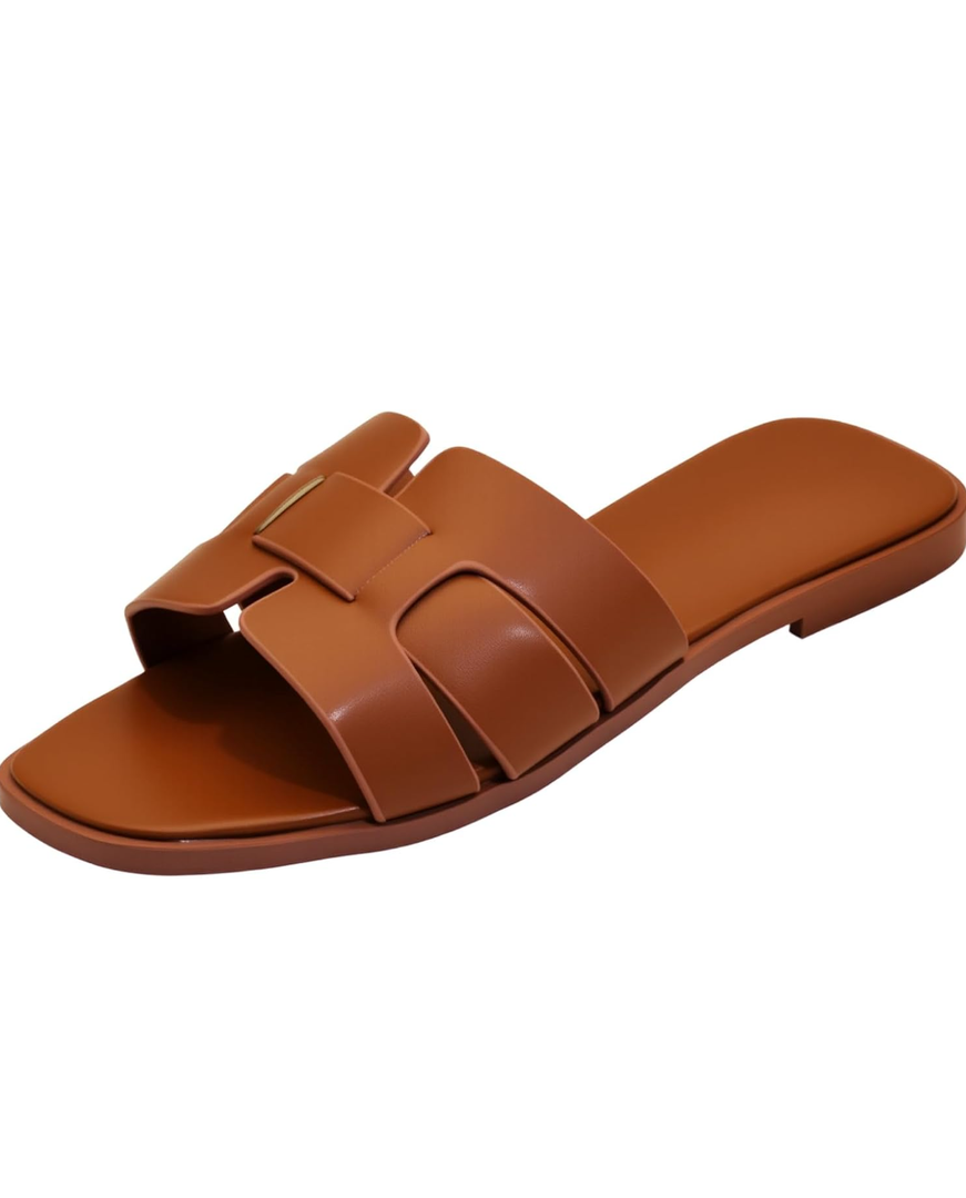 Women's Flat Sandals, Ladies Leather Cross Strap Slide Slippers, Comfy Dressy Slip on Shoes Elegant Summer Fall Spring Cute Open Toe Casual Footwear (12, Brown)