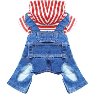 Small Dog Hoodie Clothes Cute Stripe Shirts Denim Jumpsuit One-Piece Outfit for Small Medium Dogs Cats Boy Girl Chihuahua Blue Jeans Overalls Puppy Costume (Red,Small)