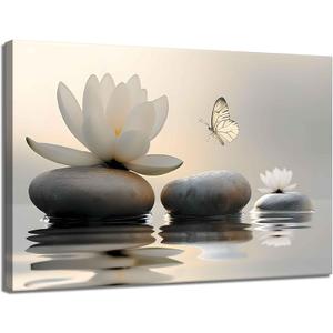Large Zen White Lotus Canvas Wall Art Bathroom Decor Painting Pictures Living Room Meditation Spa Posters Prints for Modern Spiritual Yoga Bedroom Decoration Ready to Hang, Wrapped Canvas 36"L x 24"W