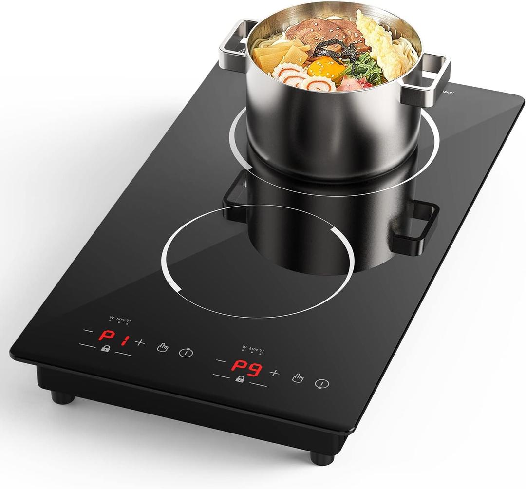 Double Induction Cooktop, 110V Electric Cooktop 2300W Electric Stove Top with 2 Burner Independent Control, Ultrathin Body, 9 Temperature, Multiple Power Levels, 2 Hour Timer, Safety Lock (2 Burner Induction Cooktop)