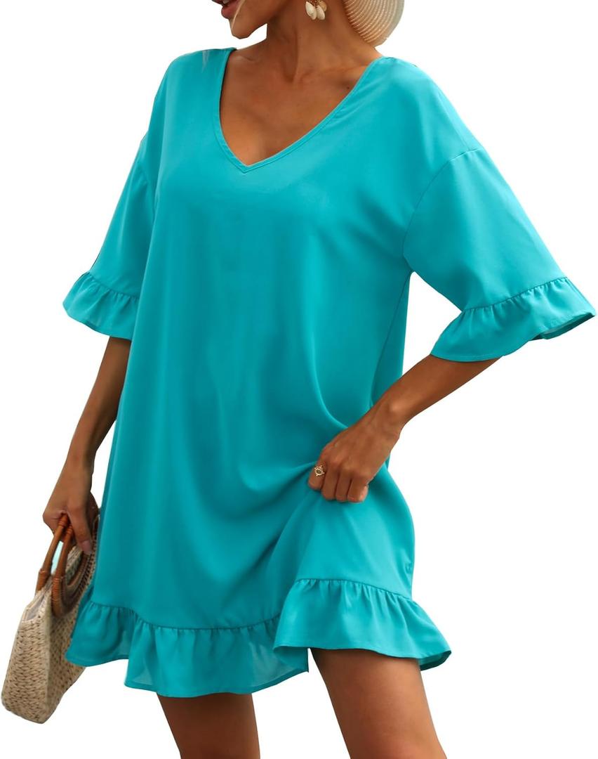 LuckyMore Women's Beach Swimsuit Cover Ups Ruffle Bathing Suit Swim Coverup Dress Swimwear M