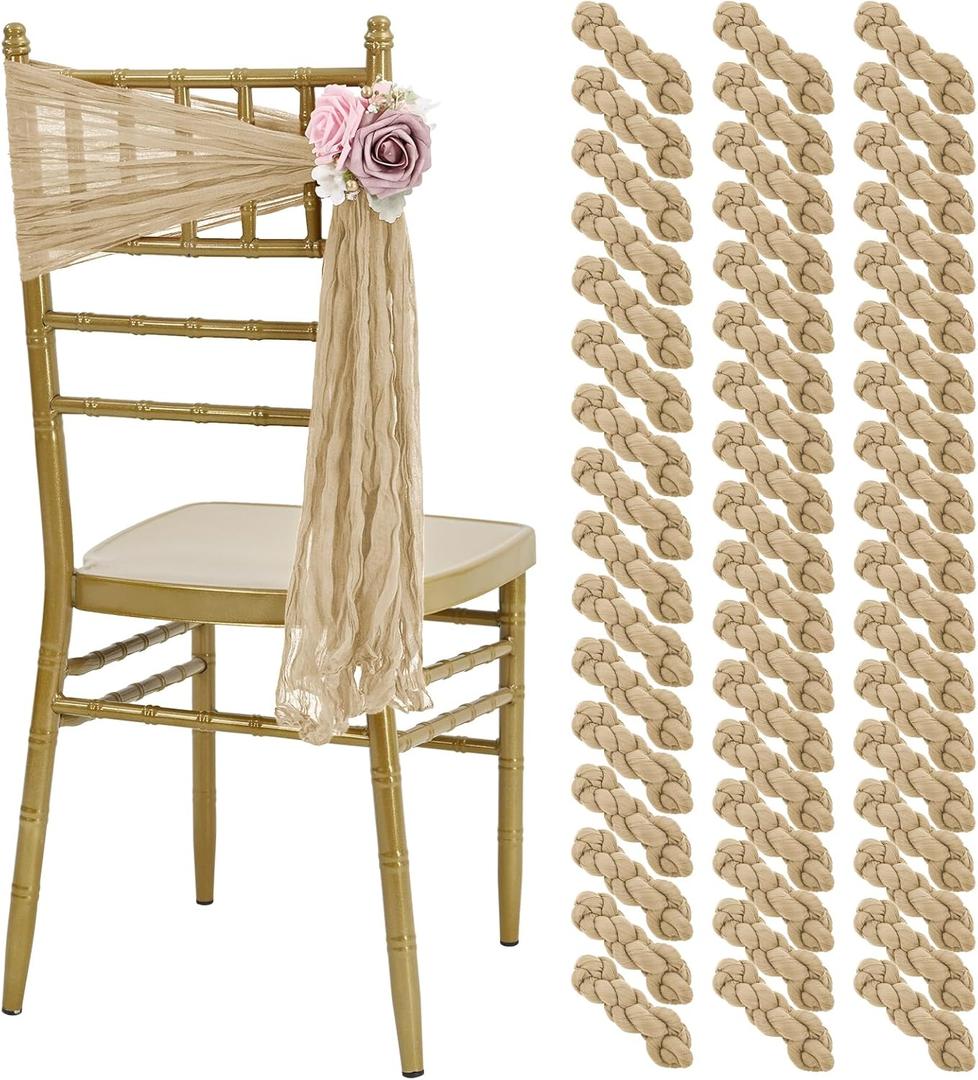50 PCS Cheesecloth Chair Sashes, Bows Designed Chair Sashes, 15.7x70 inch Chair Sashes for Aisle Decorations Universal Chairs Cover Decoration for Wedding Reception Party Banquet (Beige)