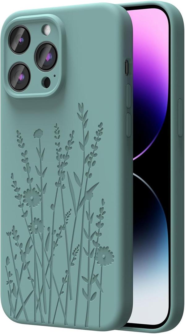 OAOA Magnetic Engraved Case Compatible with iPhone 14 Pro, Compatible with Magsafe, Camera All-Round Protection, Slim Liquid Silicone Phone Case for Women Girls, Midnight Green Flower