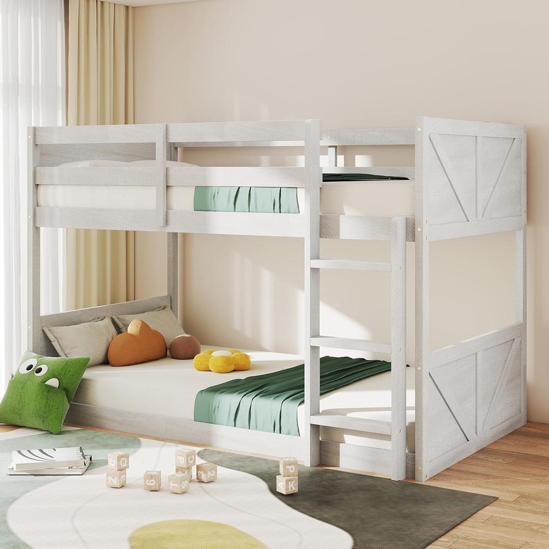 Low Twin Over Twin Bunk Bed, Solid Rubberwood Bed Frame with Built-in Ladder, Floor Bunk Bed, Wooden Bed for Small Spaces, Bedroom, Space Saving, No Box Spring Needed, White