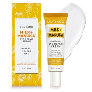 LILY SADO MILK+MANUKA Eye Repair Cream - Anti-Aging Natural Gentle Formula w/Coconut Milk, Manuka Honey, Sodium Hyaluronate & VITS C, B5 & E - Prevents Puffiness, Under-eye Wrinkles & Eye Bags - 1oz