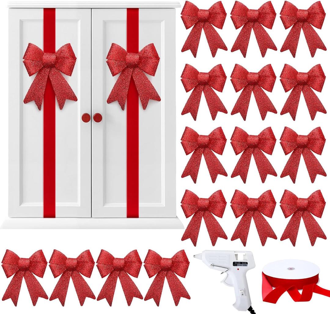 Daifunli 16 Pcs Christmas Cabinet Bows DIY Kitchen Velvet Cabinet Ribbons Bows for Kitchen Dining Door Home Holidays Decoration (Red,Glitter Velvet)