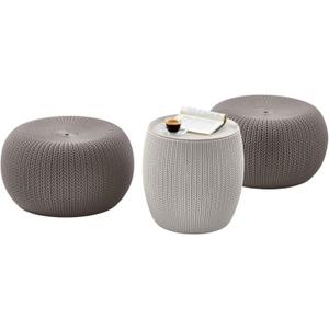 KETER Urban Knit Pouf Ottoman Set of 2 with Storage Table for Patio and Room Dcor-Perfect for Balcony, Deck, and Outdoor Seating, Cream & Taupe