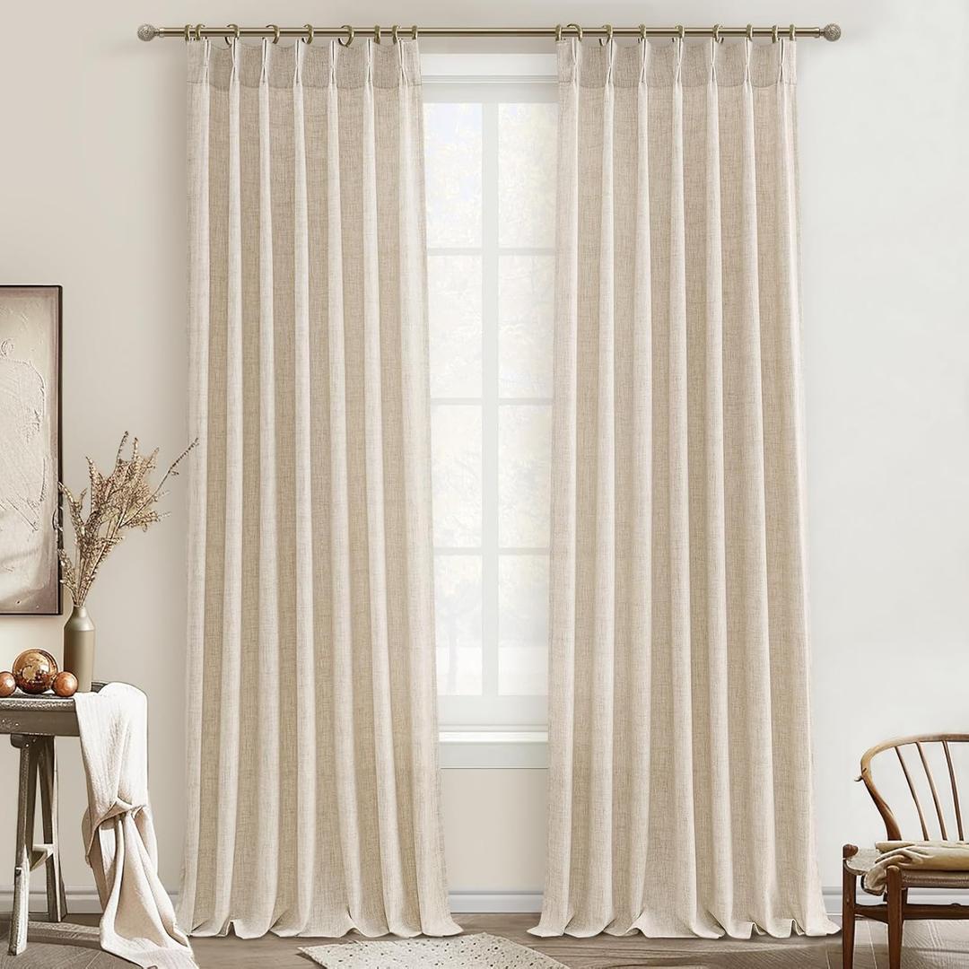 Living Room Semi Sheer Curtains 90 Inches Long 2 Panels Set, Natural Thick Linen Pinch Pleated Curtains Taupe Country Rustic Light Filtering Drape with Hooks Ceiling Track for 88inch Window W40 xL90