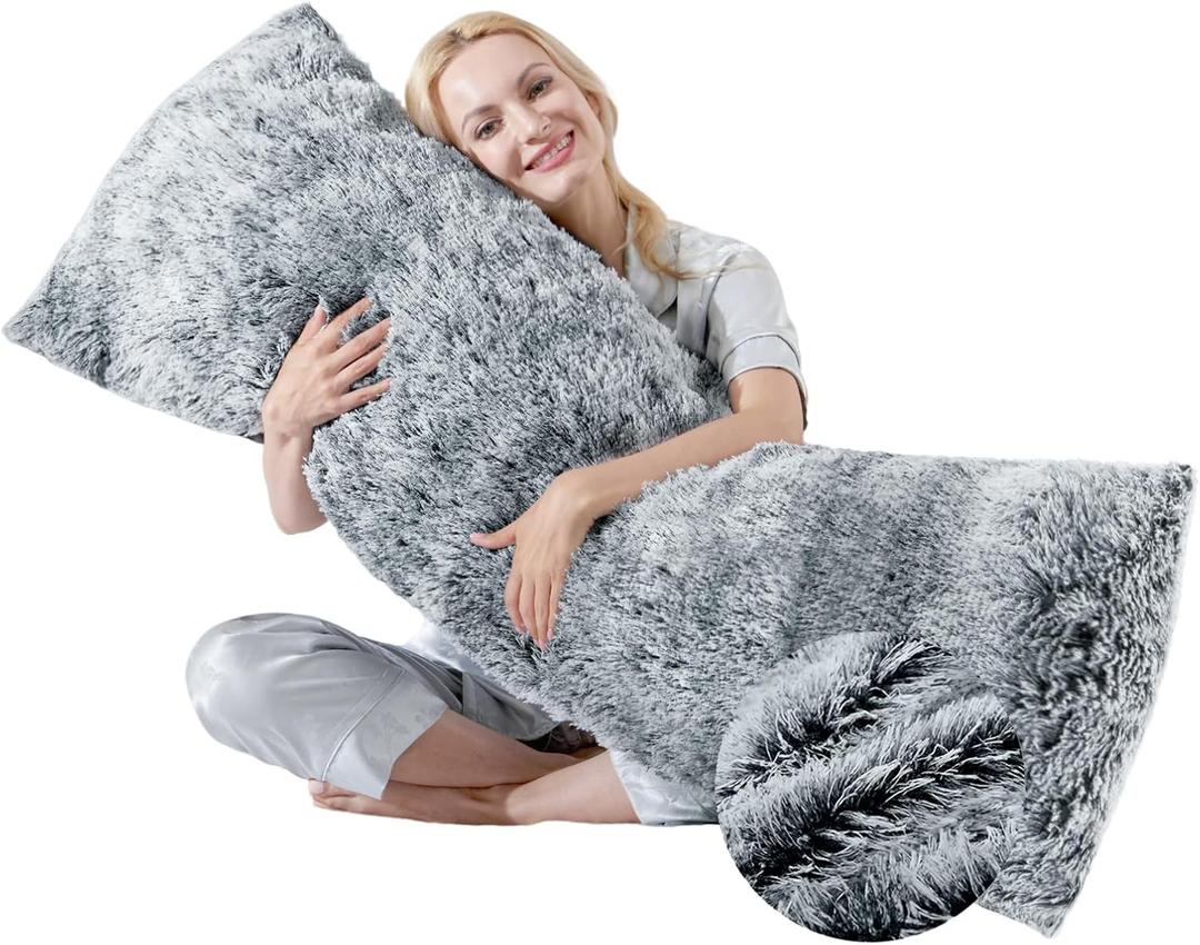 Fluffy Full Body Pillow for Adults 20x54 Long Big Body Pillow Cover Pillowcase with Memory Foam for bed Grey Pregnancy Cuddle Snuggles Body Pillows for Sleeping Side Sleeper Pillows for Adults