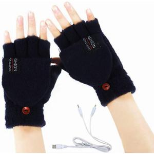 Women's & Men's USB Heated Gloves Knitting Hands Full & Half Heated Fingerless Heating Warmer with Button Washable Design (Black)