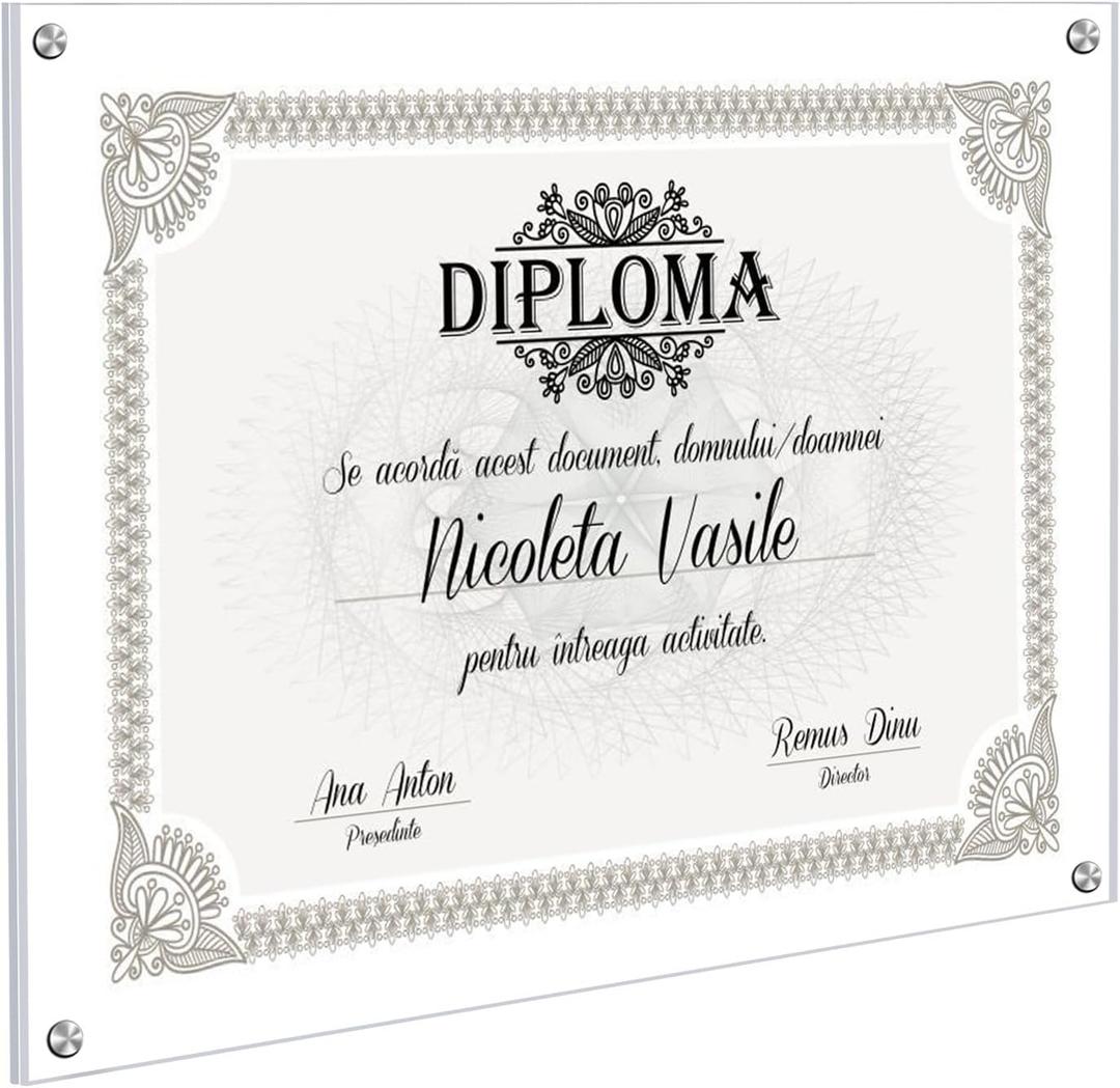 Kalami 11x14 Acrylic Wall Mount Picture Frame Self Adhesive, No Drill Holes Floating Frameless Clear Photo Frame for Diploma Certificate Degree Document Display Gallery Wall-Full Frame is 12x15