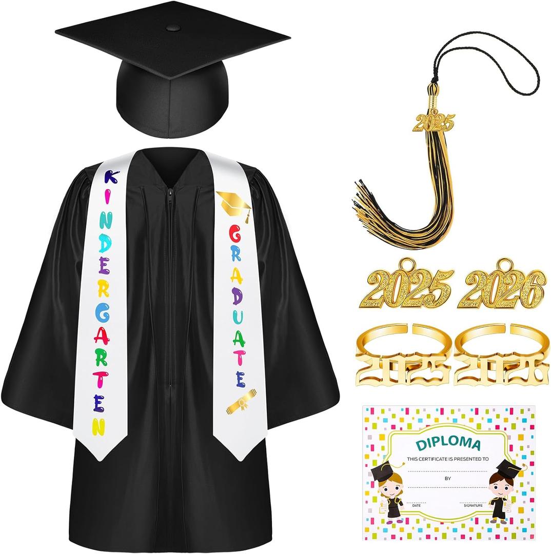 Sasylvia Kindergarten Preschool Graduation Gown Cap Set with 2025 Tassel Graduation Stole Rings Certificate for Toddler Kids (Size 33, Black)