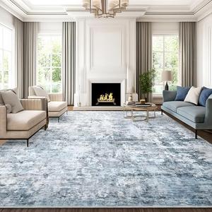 Soalmost Abstract Rug 8x10 Large Living Room Rugs Neutral Modern Washable Area Rugs for Bedroom Dining Room Non-Slip Stain Resistant Foldable Thin Blue