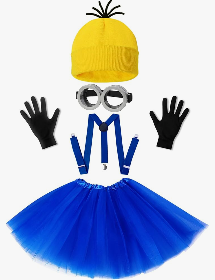Halloween Costume for Adult Women,Goggles/Yellow Beanie/Blue Dress/Suspenders/Gloves Halloween Costume Accessories