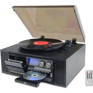 10 in 1 Vinyl Record Player 3 Speed Bluetooth Vintage Automatic Turntable CD Cassette Player AM/FM Radio USB Recorder Aux-in RCA Line-Out (Black)
