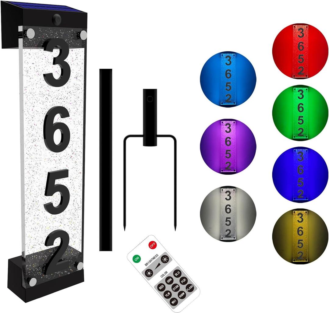 Solar House Numbers for Outside, Acrylics Solar Address Sign with Iron Stakes, Waterproof RGBW Color Changing Remote Control, Lighted Modern Address Plaque Solar Powered for Street Yard Home