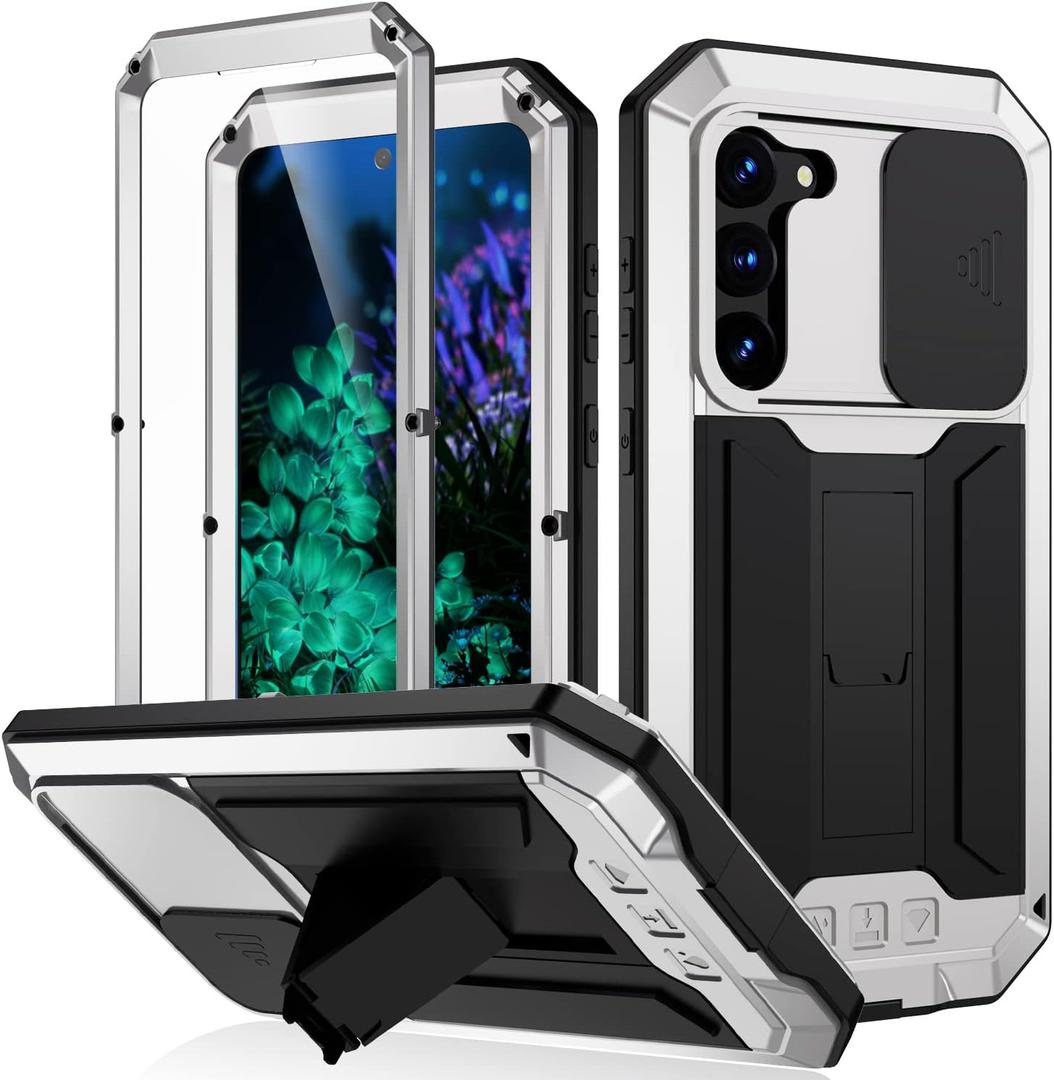 JGY Samsung S23 Plus Rugged Metal Case with Screen Protector Kickstand Camera Slide Cover for Samsung S23 Plus Full Body Military Sturdy Heavy Duty Shockproof Dorp Test Cover for Outdoor (Silver)
