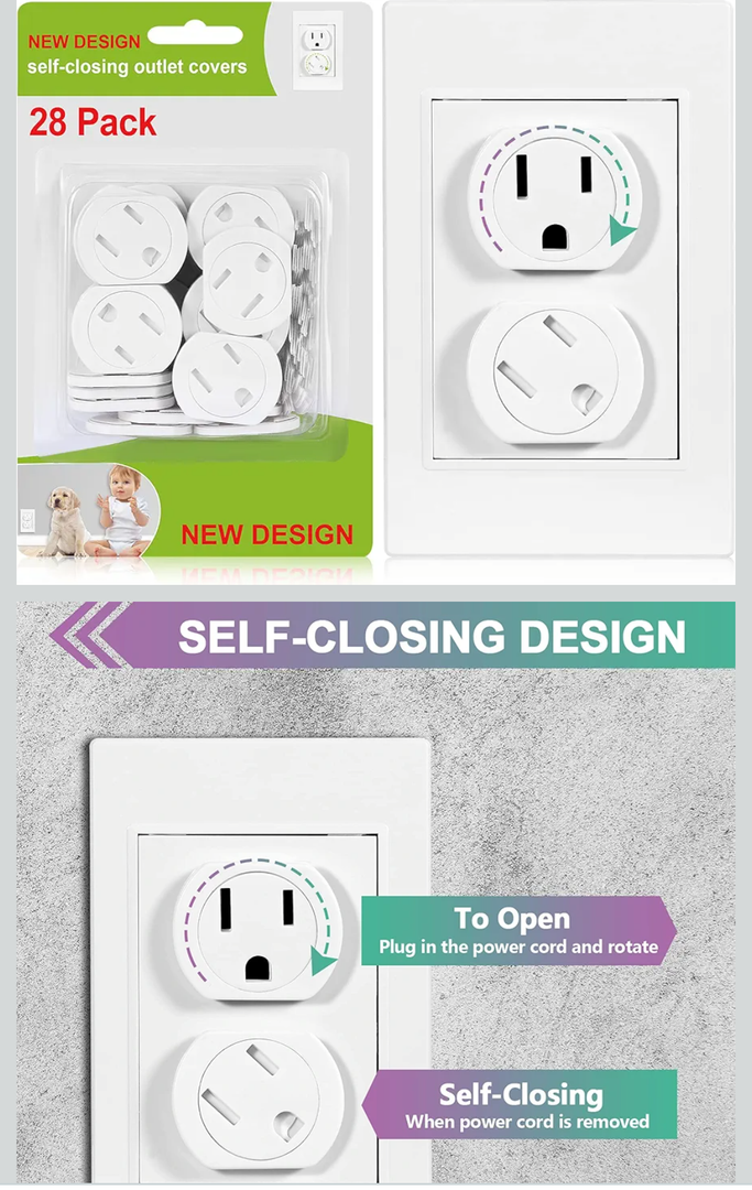 Outlet Covers (28 Pack) Self-Closing Child Proof Socket Covers 3-Prong Swivel Outlet Plug Covers Upgraded Adhesive Installation Comes with Extra Sticker Electrical Outlet Protectors for Baby