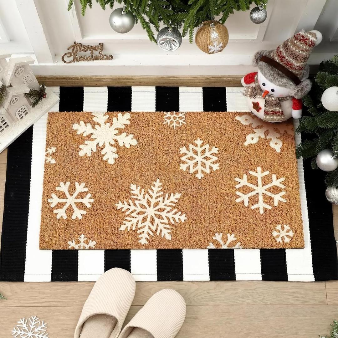 2 Pcs Winter Snowflake Door Mat Outdoor Nature Coir Welcome Outdoor Rug Christmas Black White Stripe Doormat Winter Snowflake Front Porch Rugs Non Slip Floor Mats Indoor Entrance Decor