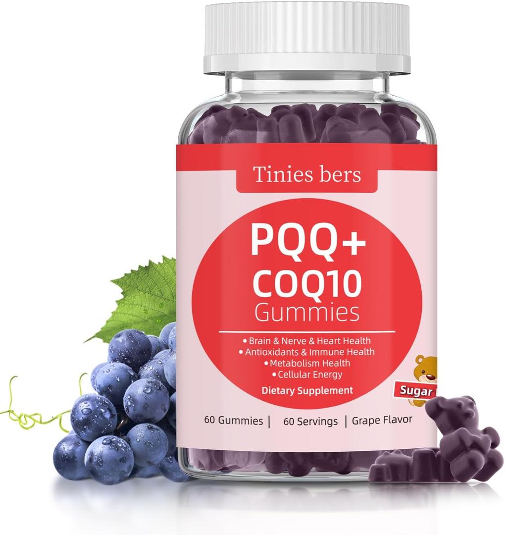 PQQ Gummies Supplement 40mg, CoQ10 Gummies 100mg for Adults, Two Ways Support Cellular Energy & Brain, Nerve, Heart, Immune Health, Antioxidant, Non GMO, Gluten Free, Vegan, Sugar Free, Grape, 60