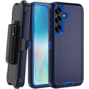 for Samsung Galaxy S25 Plus Case, with HD Tempered Glass Screen Protector, Heavy Duty Shockproof Drop Protective Rugged Tough Durable Phone Cover (with Belt Clip-Dark Blue)