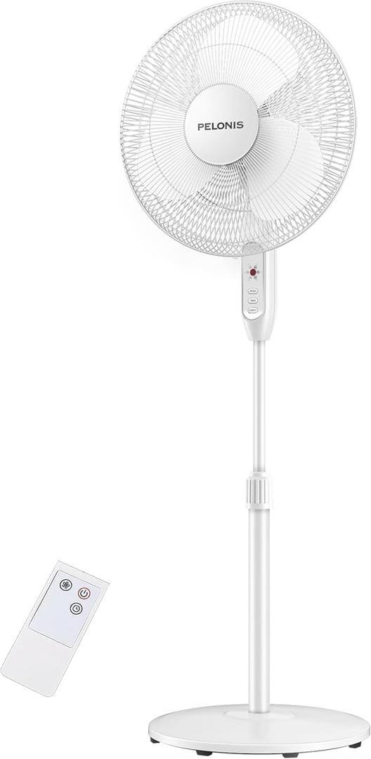 PELONIS 16'' Pedestal Fan for Bedoom with Remote, Upgraded, Standing Fan with 7-Hour Timer, 90 Oscillation, 3-Speeds, Adjustable Height, Electric Cooling Fans for Living Room and Office
