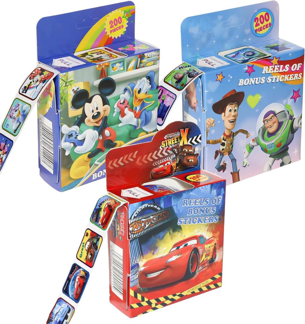 600 Pcs Roll Kids Sticker, 3 Pack in 30 Designs,1-1/2 Inch Self Adhesive Label Cartoon Stickers for Kids Teacher (Cartoon)